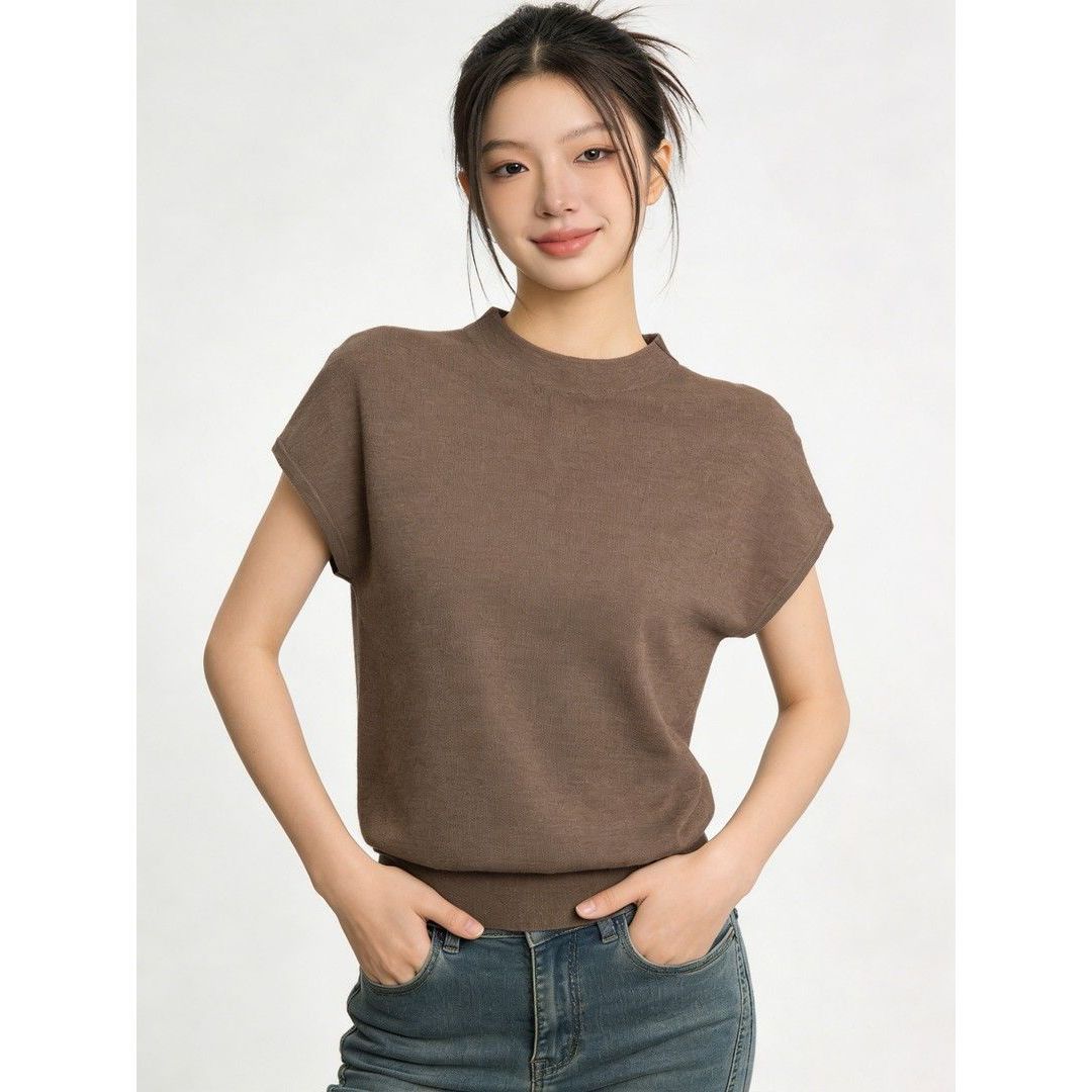 Versatile Half-Turtleneck Soft Knit T-Shirt for Women, New 26-Style Summer Simple and Elegant Solid Color Short-Sleeve T-Shirt Top, Thin