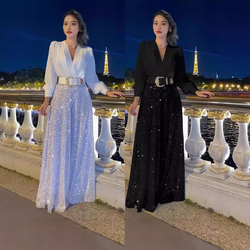 2024 cross-border women's clothing Europe and the United States new fashion V-neck long sleeve dress elegant waist slim sequins