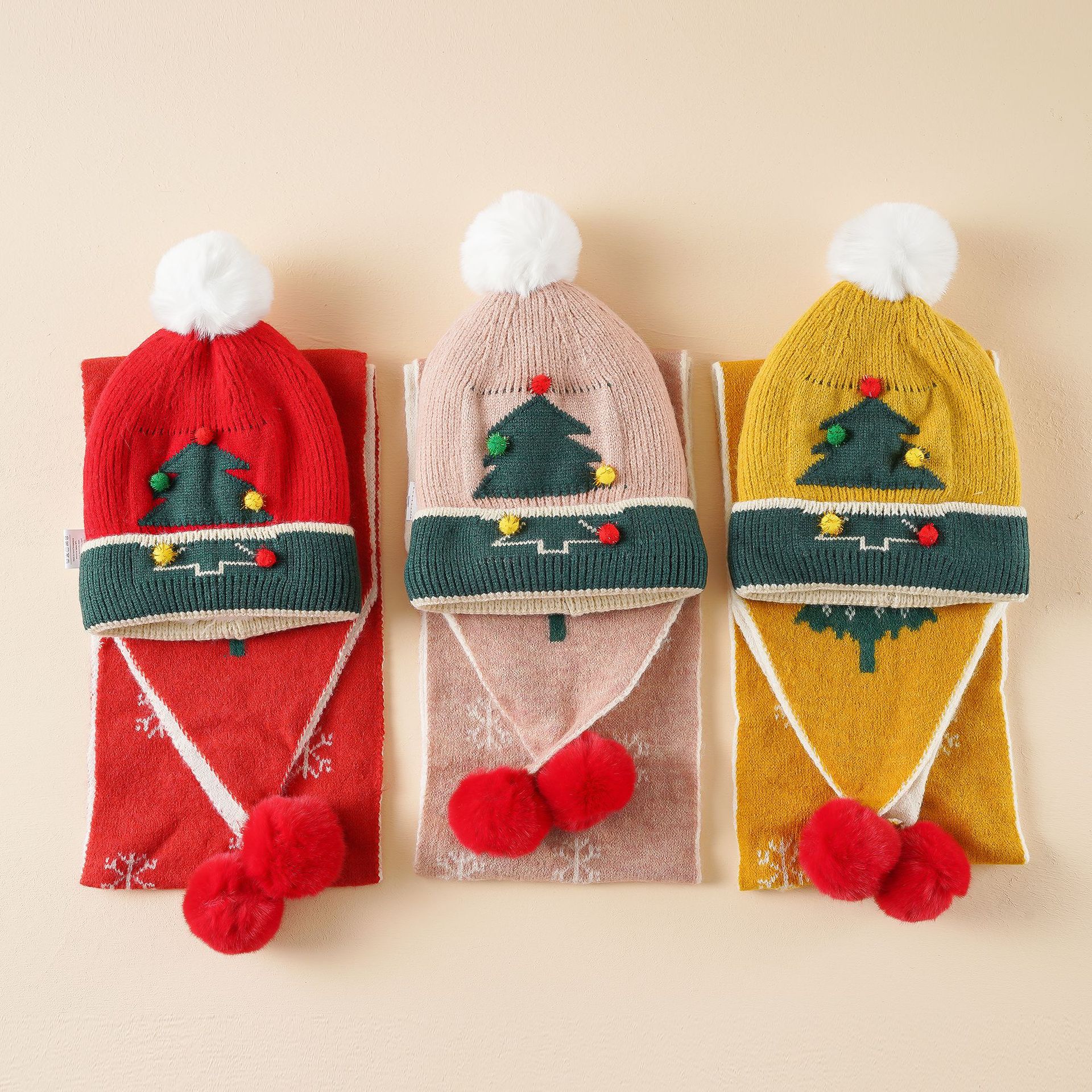 Dos piezas rojo Navidad niños lindo invierno dibujos animados Dibujos Animados árbol de Navidad Bola de piel sombrero bufanda image 5