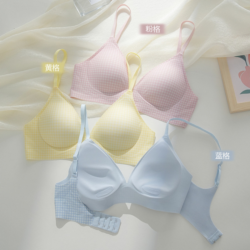 卸売夏の軽くて薄い女性の下着新鮮なハイエンドチェック柄カッププッシュアップ美しいバック三角カップブラセット|undefined