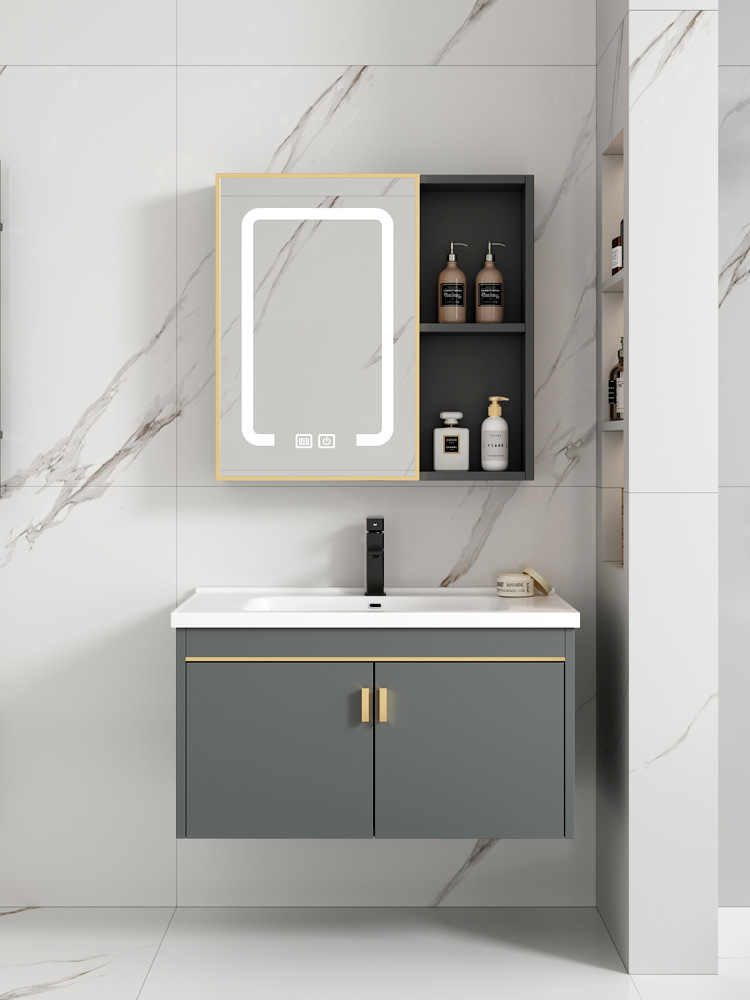 Mueble de baño de aluminio de espacio simple combinación de gabinete de lavabo de baño mesa de lavado de cerámica integrada gabinete de espejo inteligente