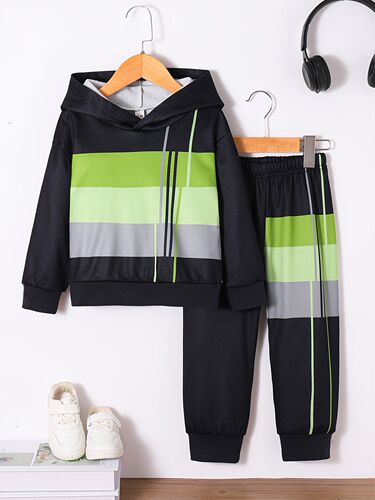 Cross-border INS small and medium-sized children, boys and babies, spring and autumn, fleece hooded, contrasting color, long-sleeved shirt, trousers, casual suit, trendy