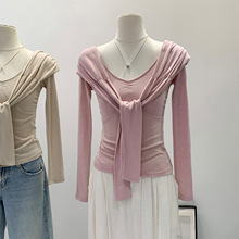法式粉色披肩系带内搭T恤长袖打底衫女2025秋冬新款韩系穿搭上衣