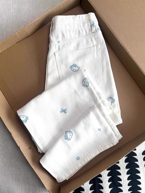 かわいい漫画キティ猫刺繍ホワイトジーンズ女性の夏薄いハイウエストスリムストレートルーズワイドレッグパンツ|undefined