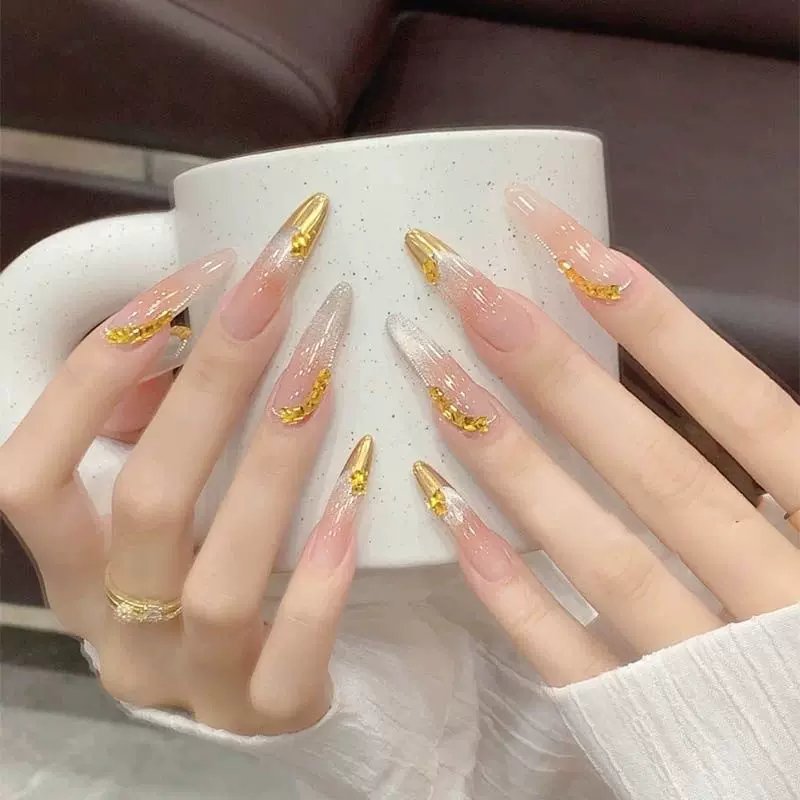 手工穿戴甲新年秋冬金色法式猫眼甲片彩钻鎏金显白高级感美甲贴片