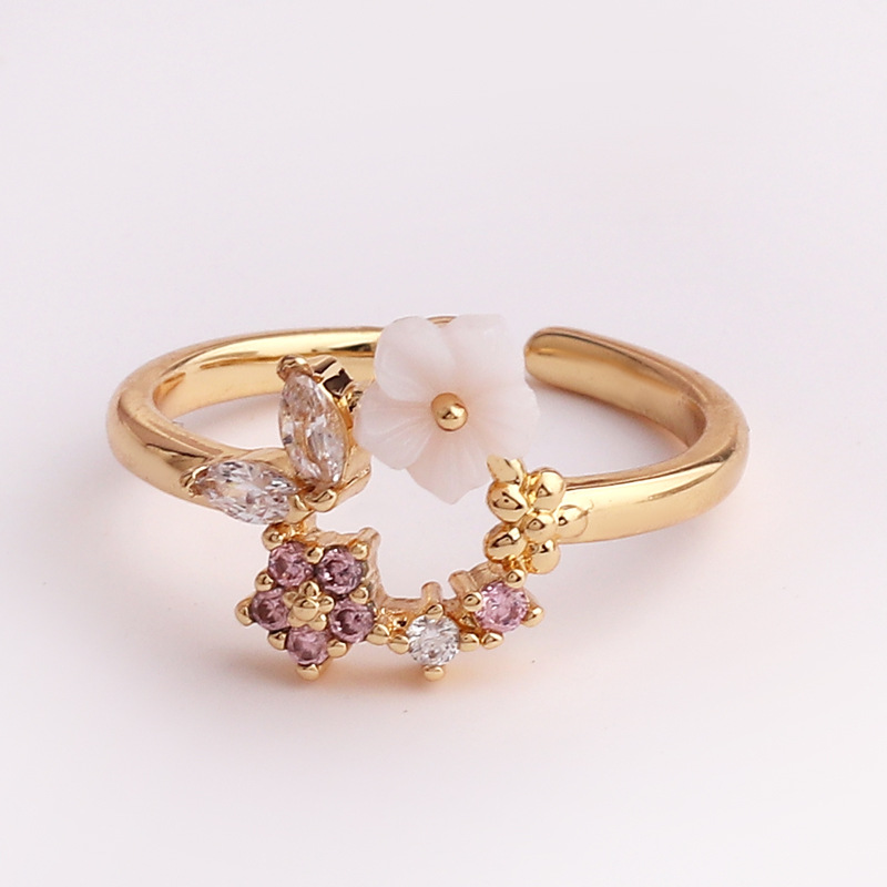 Pastoral Flower Copper Plating Inlay Zircon Open Ring 1 Piece