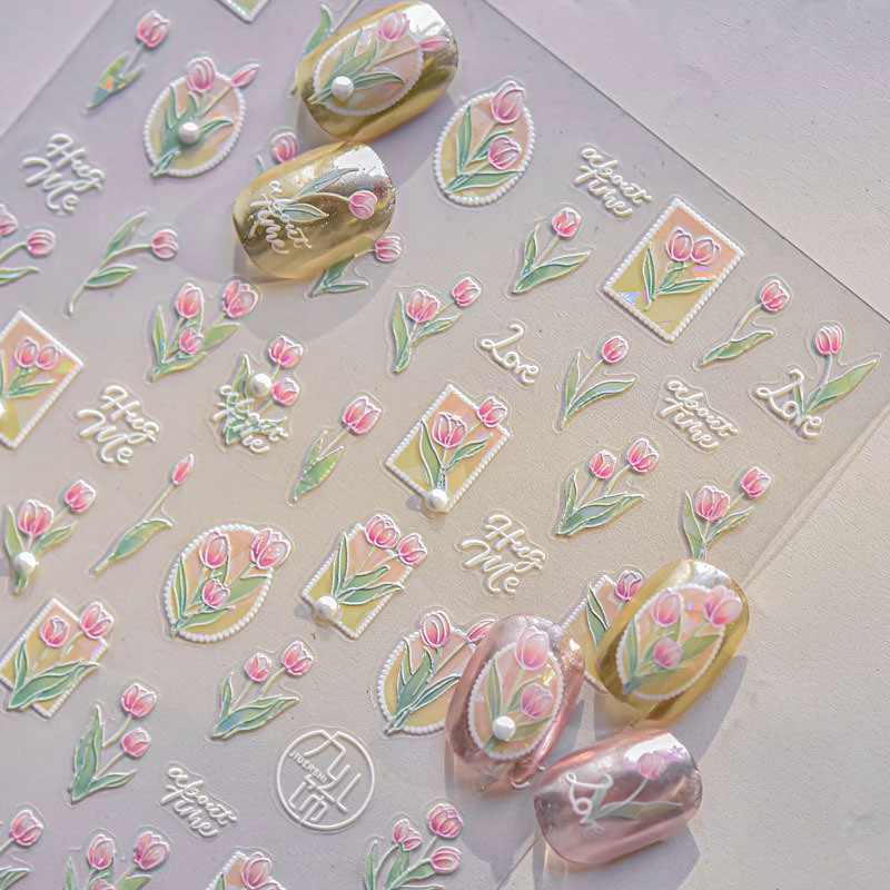 Crystal Pink Tulip Nail Art Stickers Embossed 5D Stereo 3D Popular Ins Japanese Style Nail Sticker Decorations
