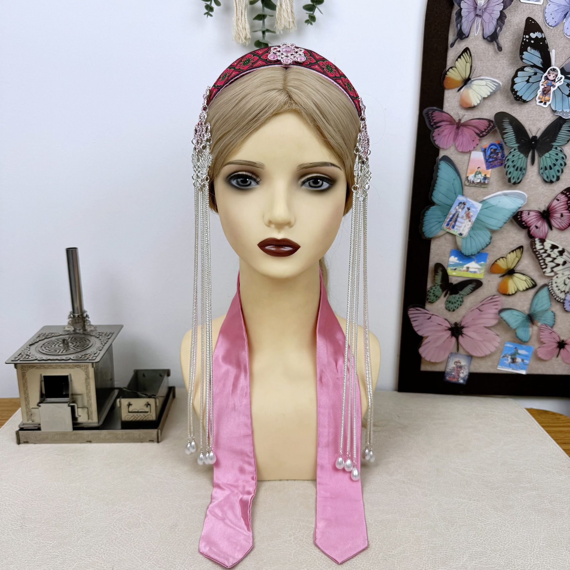 Original Mongolian Ethnic Style Silver Chain Tassel Embroidered Headband Retro Silks and Satins Headdress Stage Performance Headwear