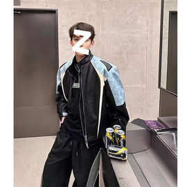 扎染短款皮衣外套男高级感春秋设计感立领机车服美式复古垫肩外套