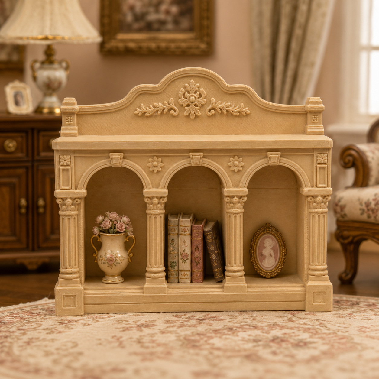 1:12 scale dollhouse with European Roman columns, wooden retro archway, scene decoration, playhouse accessories