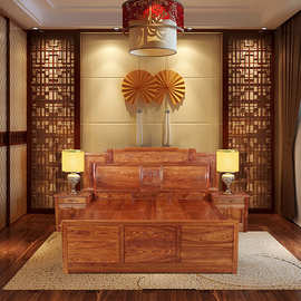新中式古典全实木储物床卧室刺猬紫檀大床 现代中式红木双人床高