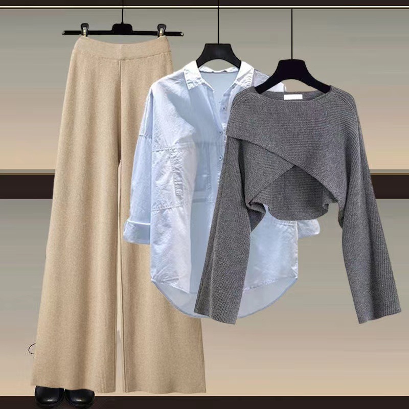 GraceChic Strickpullover, Hemd und weite Hose, dreiteiliges Set, Herbst/Winter-Outfit 2024, Damenmode in großen Größen_voghion.com