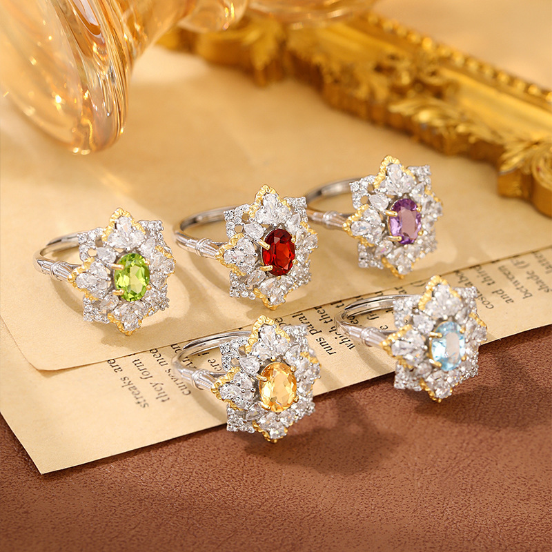 Anillo de cristal multicolor natural de lujo s925 temperamento de plata, joyería de color de lujo ligero para hombres y mujeres, venta al por mayor de una pieza