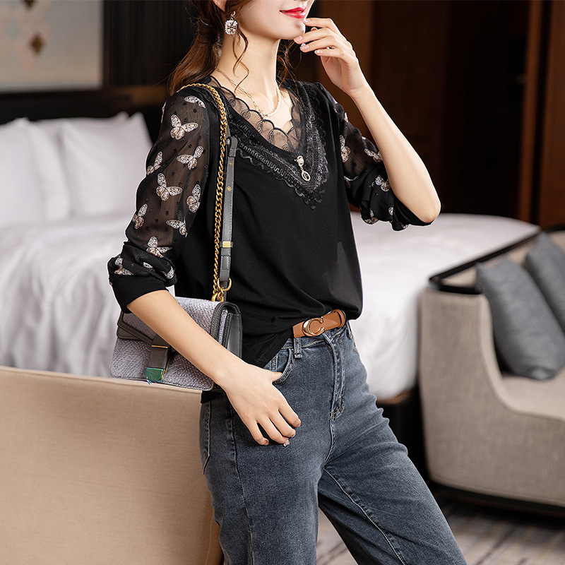 Big size dress 2022 Spring new pattern T-shirt jacket MM Easy temperament False two Broken flowers Lace Chiffon shirt