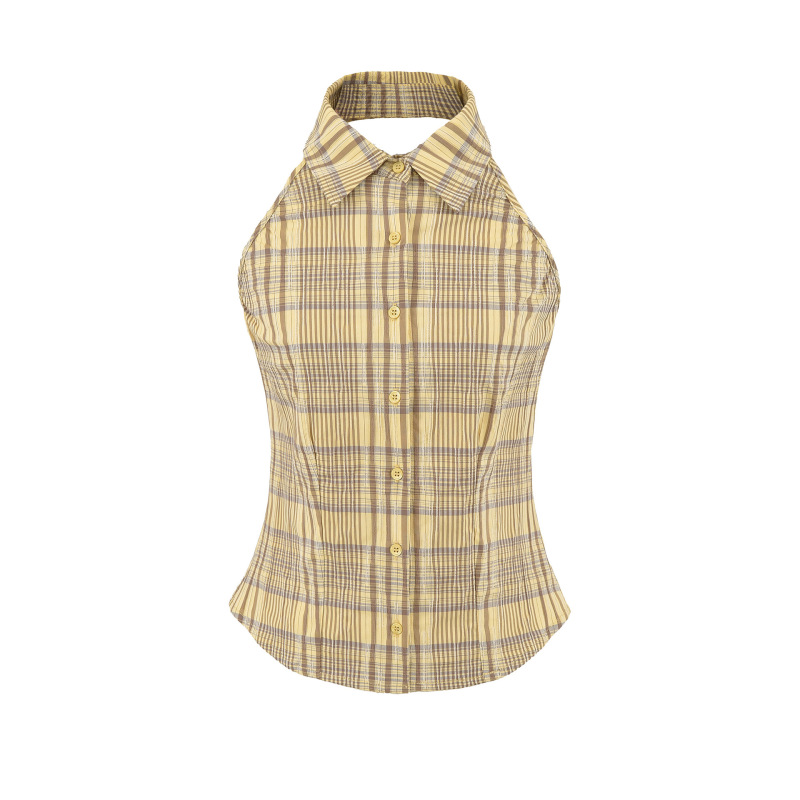 American-Style Plaid Halter Neck Backless Sleeveless Shirt for Women, 2026 New Model, Stylish and Slim-Fit with a Turn-Down Collar, Flattering Tank Top American-Style Plaid Halter Neck Backless Sleeveless Shirt for Women, 2026 New Model, Stylish and Slim-Fit with a Turn-Down Collar, Flattering Tank Top