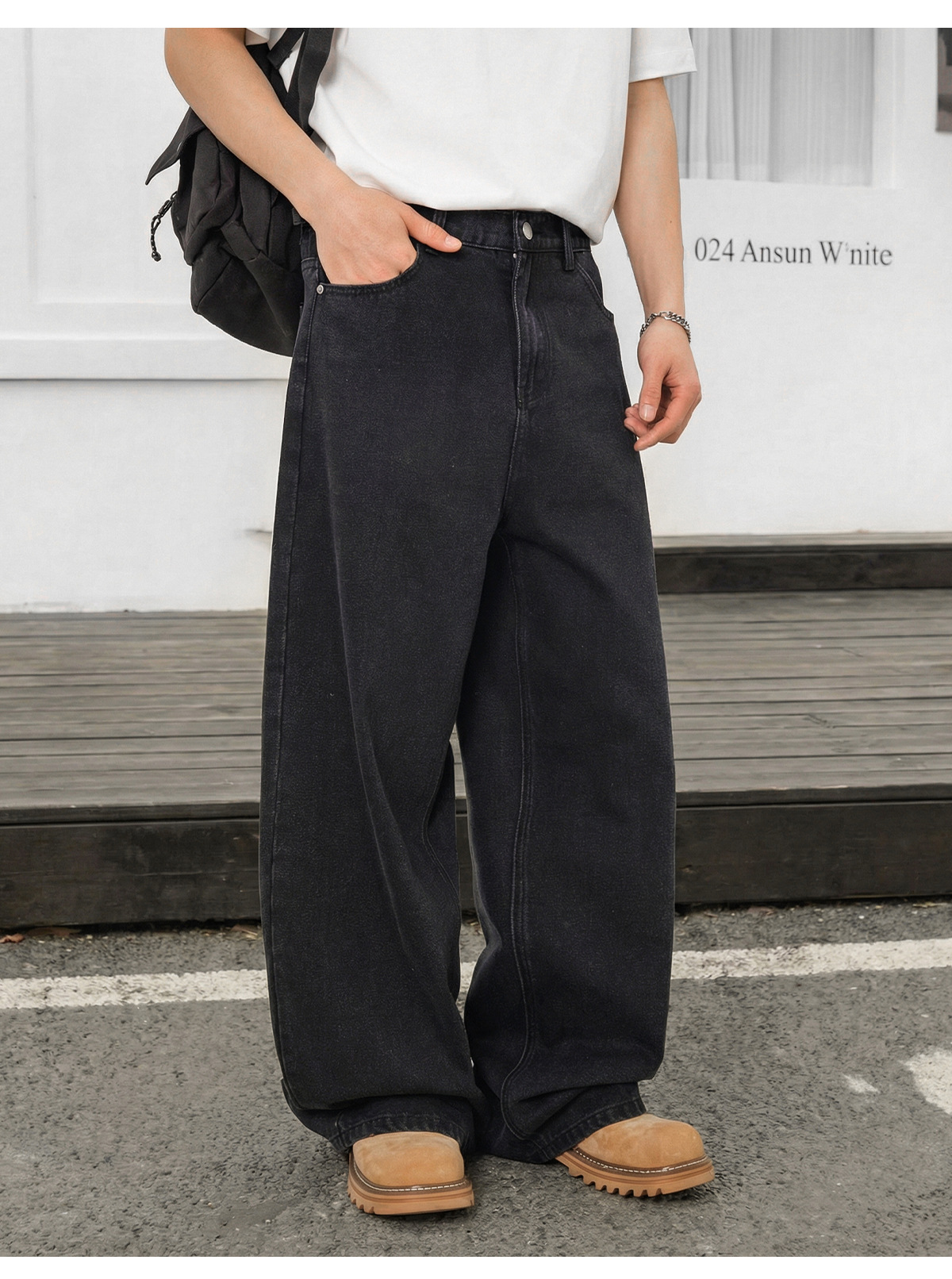 Vintage Washed Black Denim Jeans For Men - Relaxed Fit Straight Leg Casual Trousers With High Street Style_mkmklike.com