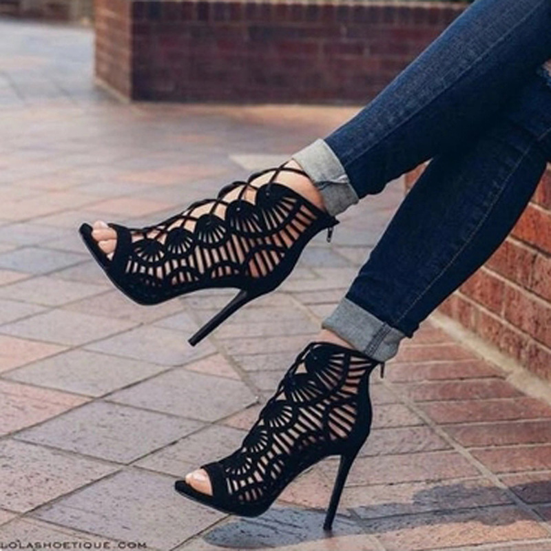 Women's High-Heeled Sandals, Popular European Style, Sexy Stiletto Suede Hollow-Out Roman Sandals with Straps