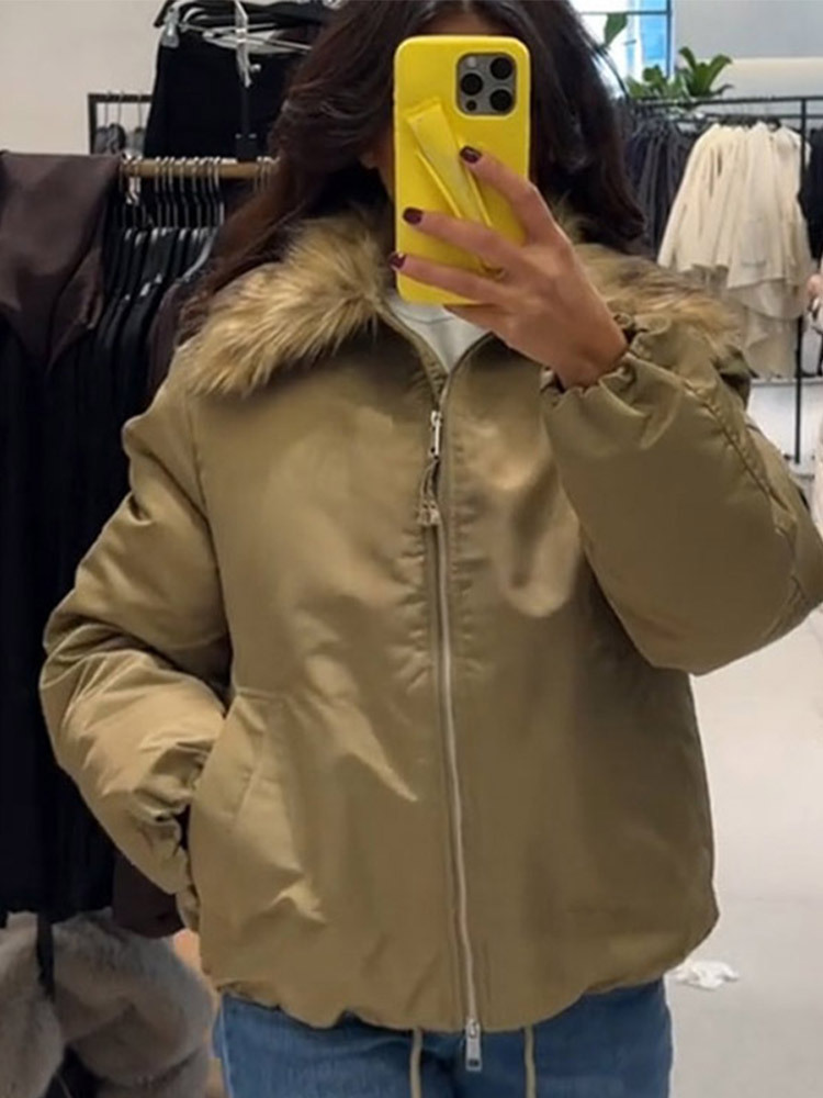 Chaqueta con Cremallera y Cuello de Peluche de Poliéster Holgada