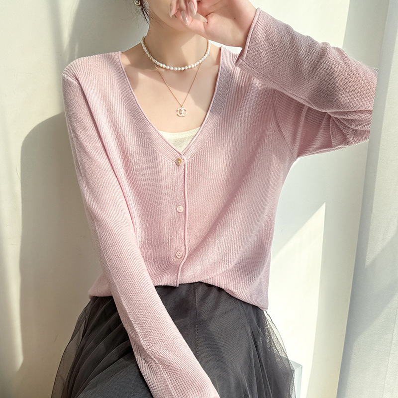 V-Neck Ice Silk Knitted Cardigan Women's Summer Thin Roll-up Long-sleeved Sunscreen Perspective Hollow-out Coat Top Air-conditioning Shirt