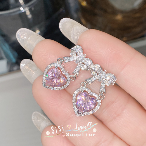 SIsi high-end micro-paved zirconium 925 silver needle bow earrings gold-plated love niche cute earrings