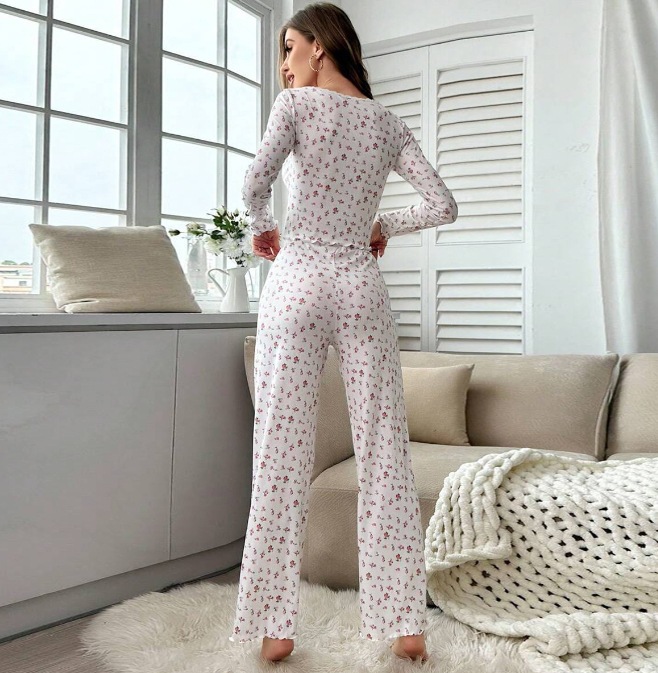 ChicShe Cross-Border European And American Long-Sleeve Collared Pajamas Small Floral Print Pea Vegetable Rolled Hem Long_voghion.com