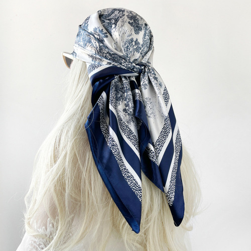 90cm silk scarf, women's European and American bag, headscarf, cross-border new style, satin printed scarf, large square towel wholesale