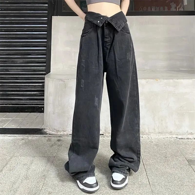 아메리칸 스타일 빈티지 세탁 및 랩 디자인 틈새 청바지 여성의 가을 높은 허리 스트레이트 느슨한 넓은 다리 긴 바지