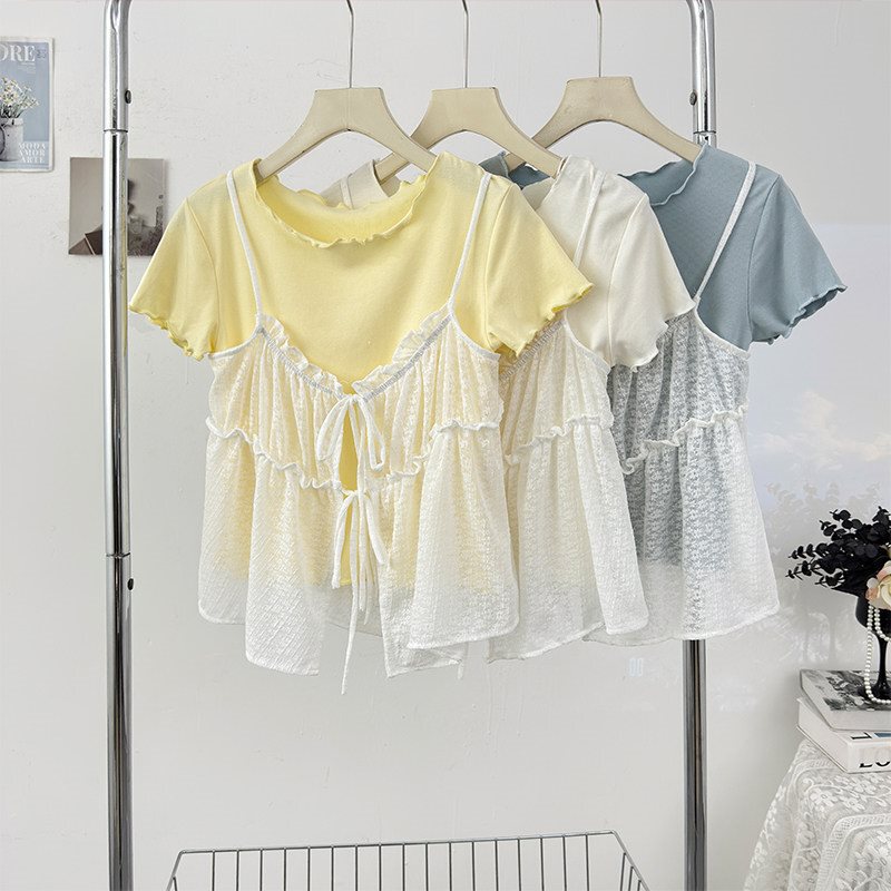 Gentle Style Bow Tie Layered Camisole Women's Spring 2026 Round Neck Short-Sleeved T-Shirt Two-Piece Set