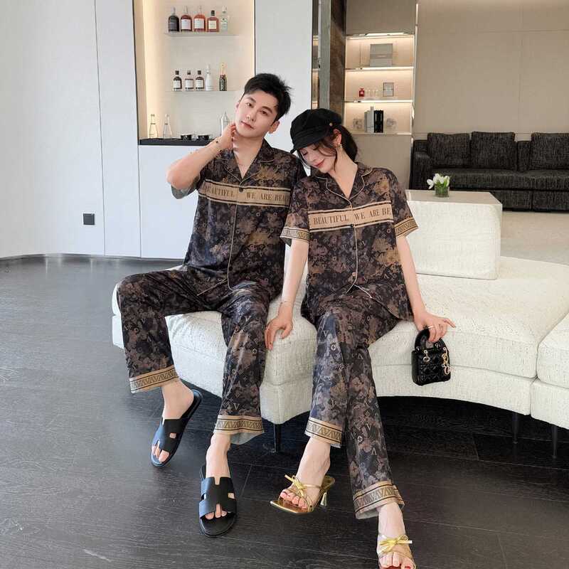 2025 Spring/Summer/Autumn New Ice Silk Pajamas Couple's Cardigan Light Luxury High-End Long-Sleeve Homewear Set