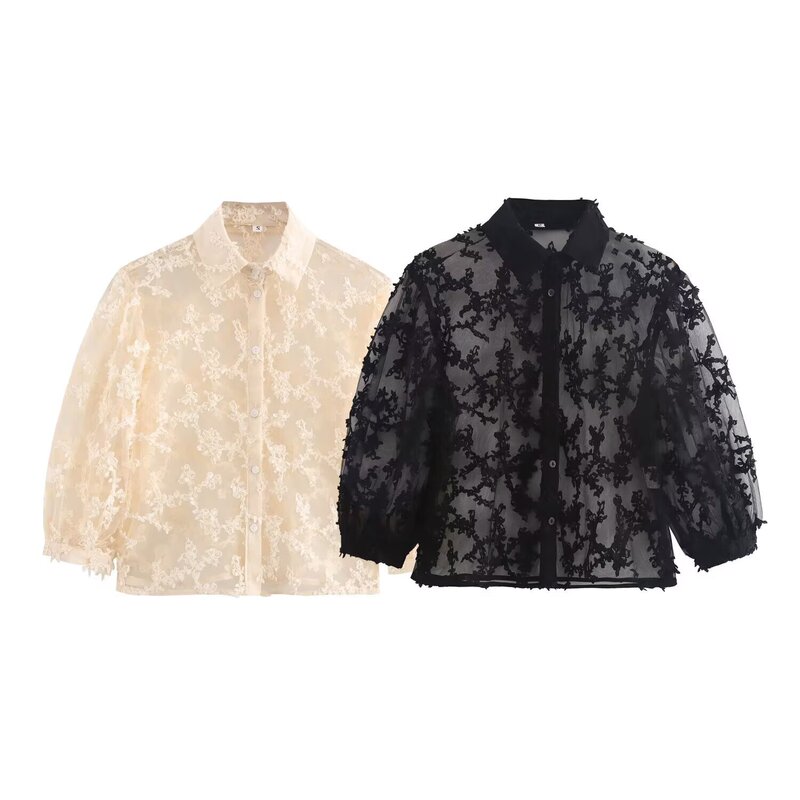 Amazon wholesale new summer women's clothing versatile embossed floral decorated lapel mid-sleeve top 9076950
