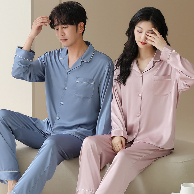 Pijamas de pareja de seda de hielo para mujer 2024 nuevo traje de ropa para el hogar de primavera y verano de hombre de seda de simulación fresca de manga larga de otoño