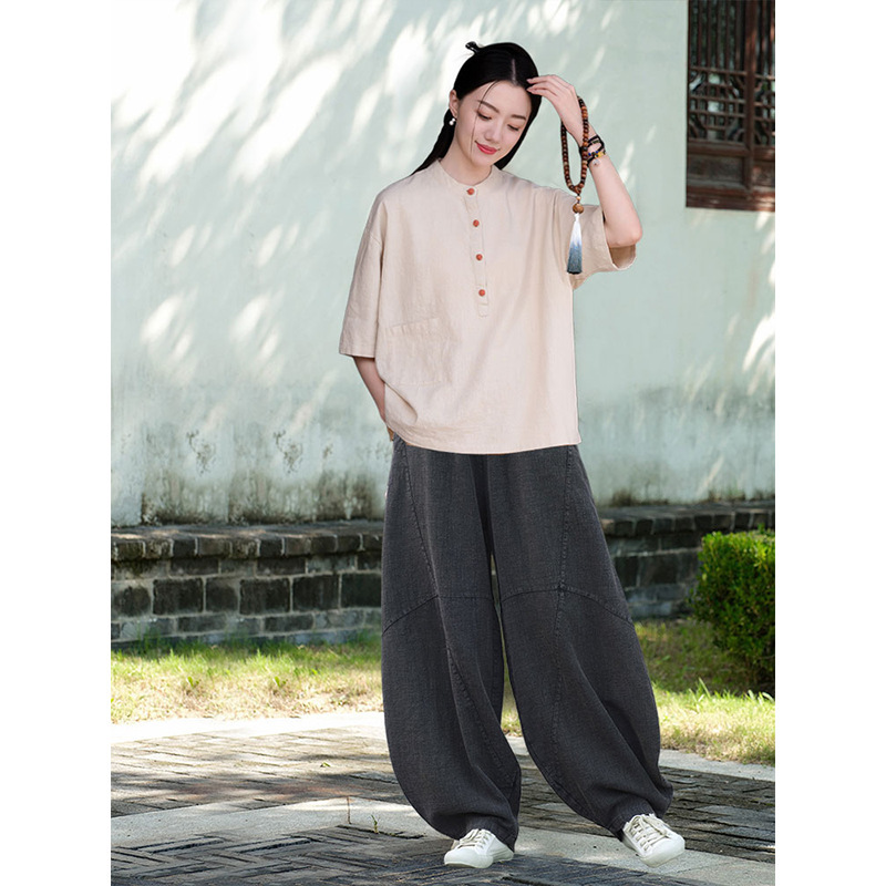 女性用在家服、中国風婦人服、綿麻ボタン付きトップス、禅服、中国風仏教禅無地スーツ|undefined