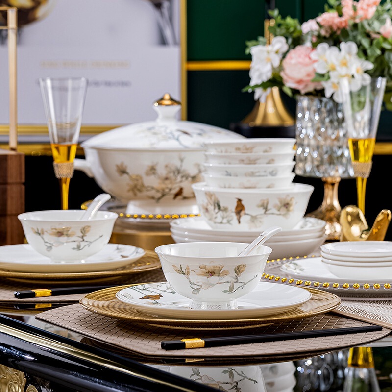 Jingdezhen New Dish Tableware Set Household Chinese Style Simple Phnom Penh Bone China Bowl Chopsticks Bowl Plate Spoon Full Set Gift