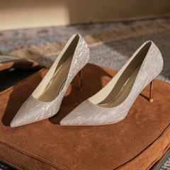 8610 高跟鞋女細跟2024年新款新娘鞋水晶婚鞋尖頭伴娘鞋淺口單鞋