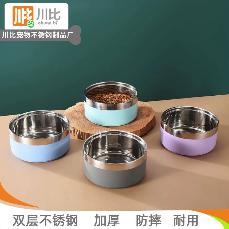 Stainless steel pet bowl thickened double -layer large capacity dog bowl non -slip foam feeder drinking water and biting pot cat bowl