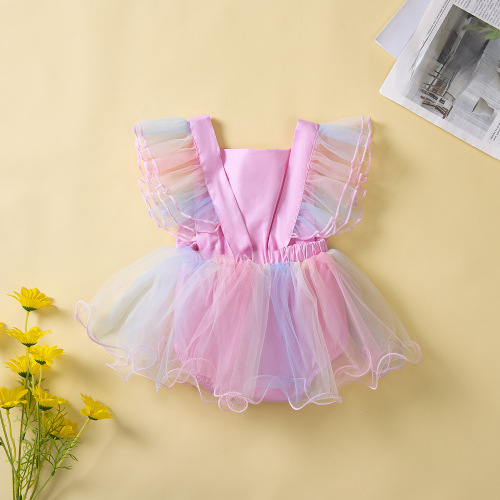 SAMGAMI BABY童装新款婴儿夏季网纱哈衣渐变粉蝴蝶结宝宝连体衣