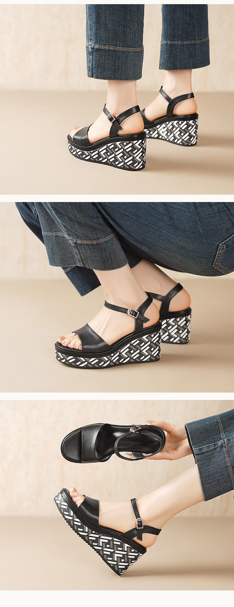 Sandal cao gót nữ hở mũi quai ngang khóa, đế dày 8.5 cm, phối màu — đen chi tiết 6