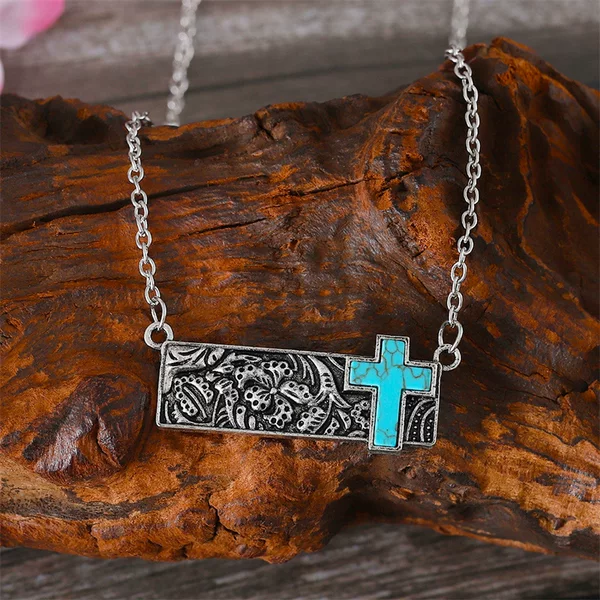 Cross-border fashion retro square turquoise cross necklace new bohemian style pendant clavicle chain necklace