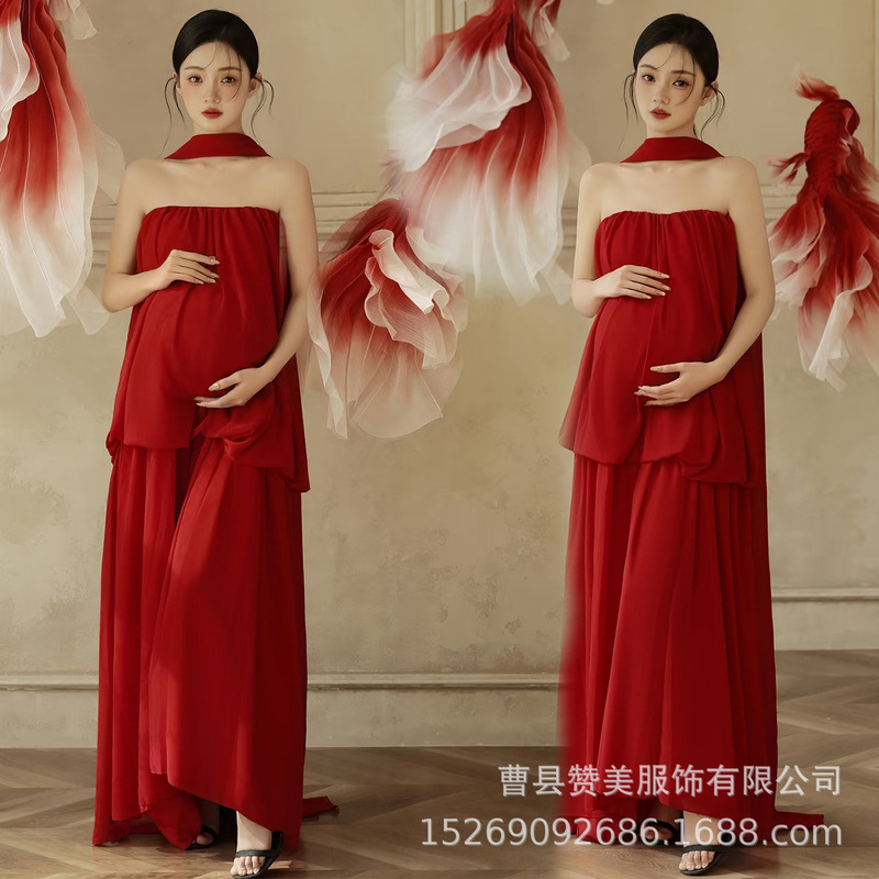 Pregnant Women's Photo Shoot Clothing New Year's Day Themed Red Pure Desire Style Dress for Pregnant Moms to Take Photos at Home Pregnant Women's Photo Shoot Clothing New Year's Day Themed Red Pure Desire Style Dress for Pregnant Moms to Take Photos at Home