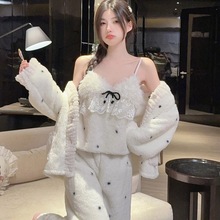 小香风三件套秋冬可爱法兰绒睡衣女套装慵懒新款可外穿家居服提花