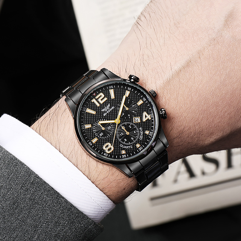nova moška kvarčna ura za prosti čas z jeklenim trakom, športna velika številčnica s tremi očesi, nemehanska ura s temperamentnim koledarjem_voghion.com