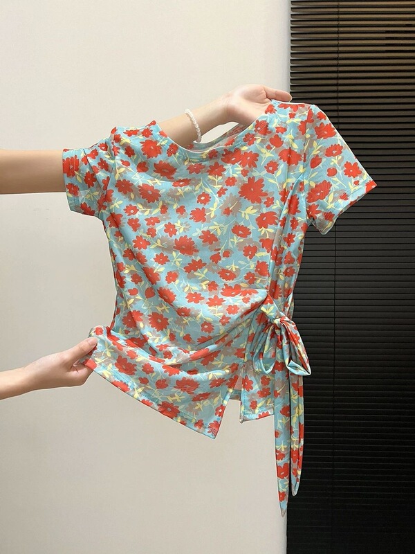 French-Style Retro Floral Short-Sleeve T-Shirt for Women, Summer Style with Tie, Thin Double-Layer Mesh, Unique and Distinctive Top