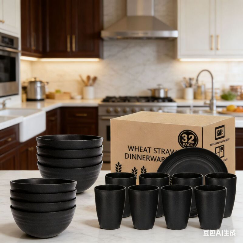 Cross-Border Wheat Straw Black Dinner Plate, Soup Bowl, Cup, Knife, Fork, Spoon Tableware Set, Household Tableware Set, Cross-Border Dropshipping