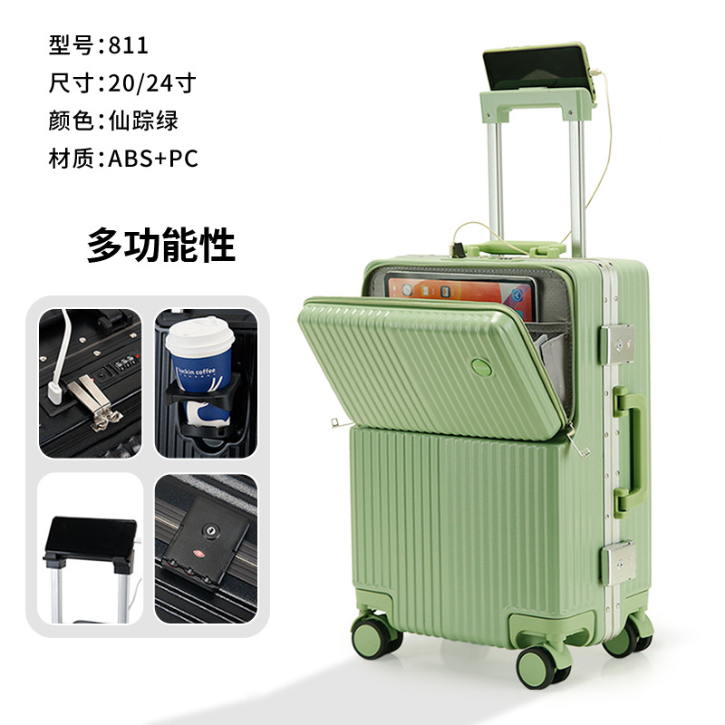 Baja de aluminio con cubierta abierta delantera, maleta de viaje, 20 maletas multifuncionales, maletas de embarque, ruedas universales de 24 pulgadas, maletas de negocios