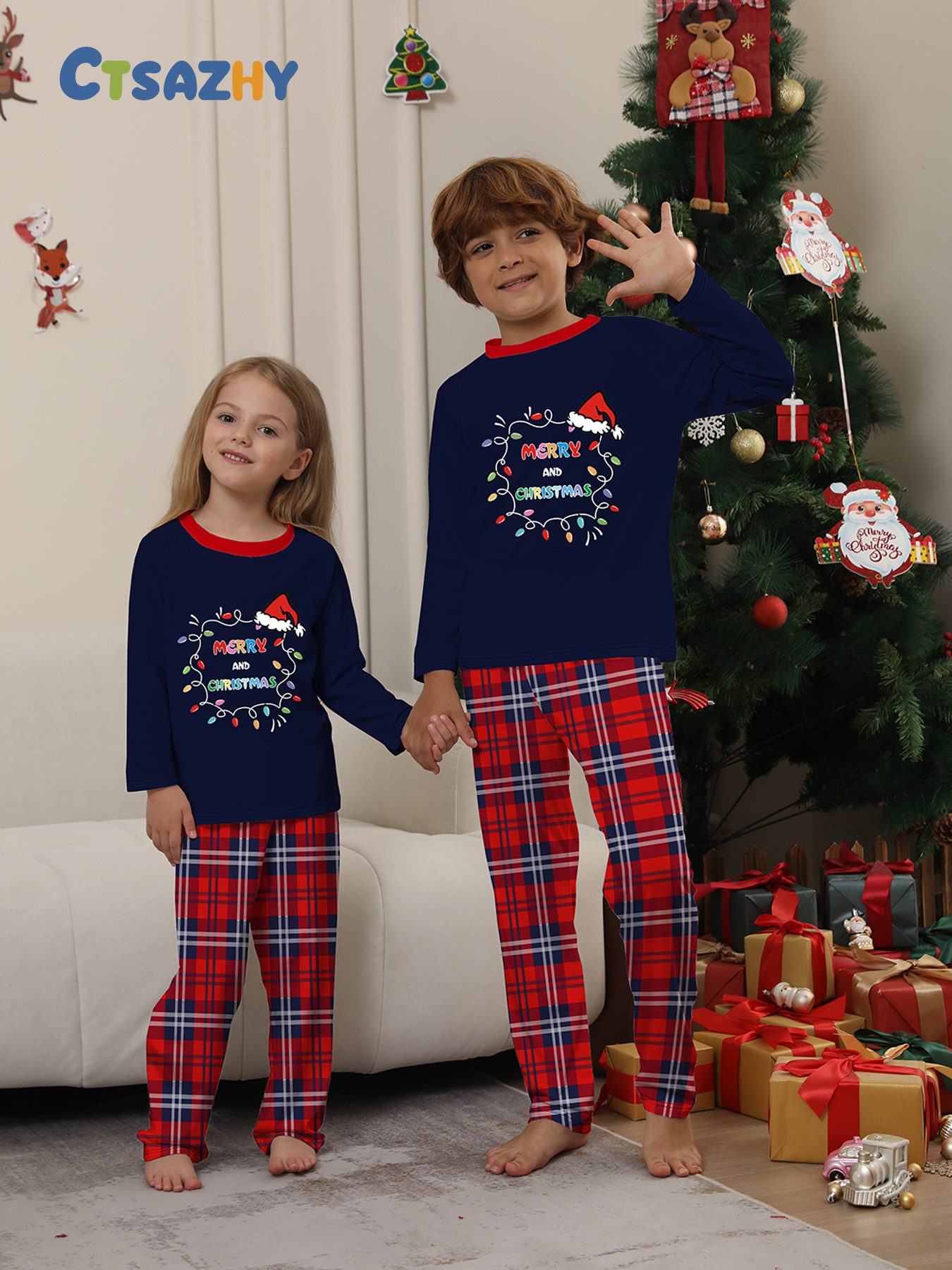 Chapeau de Père Noël alphabet lumineux avec vêtements de famille de Noël imprimés vêtements de maison pyjamas_voghion.com
