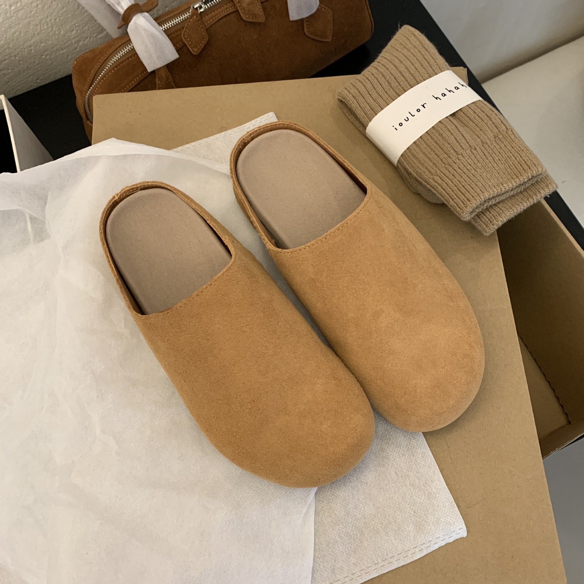 Versión de piel de vaca ~ Grape Mom mismo estilo retro de suela gruesa de un pie zapatos Birkenstock Muller Baotou semi-arrastre mujeres zapatillas Birkenstock