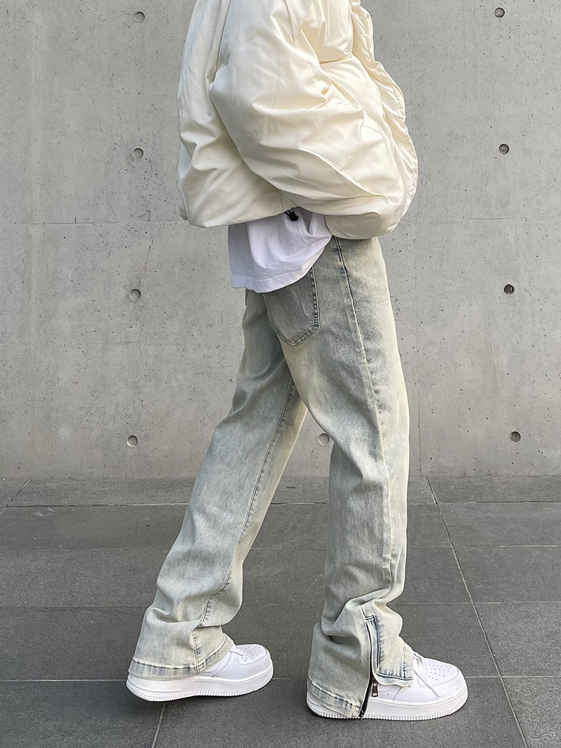American High Street Vibe vintage lavado apenado amarillo barro teñido cremallera split jeans hombres pantalones largos rectos