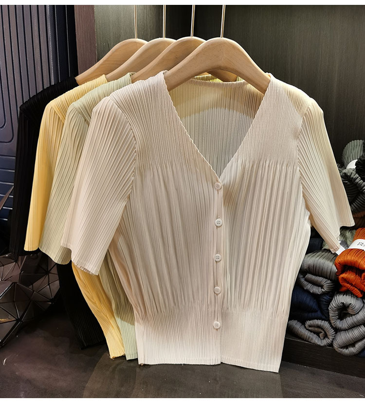 Áo cardigan cổ chữ V tay ngắn nữ phối nút đơn chất liệu mỏng mùa xuân hè — Màu xanh lục nhạt, Màu đen, Màu tím nhạt, Màu hồng chi tiết 1