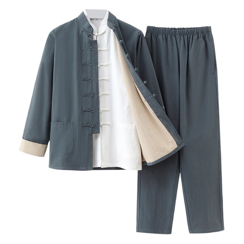 Chinese-Style Tang Suit Men's Cotton and Linen Three-Piece Set, Chinese-Style Stand-Up Collar Zhongshan Han Clothing, Lay Meditation Suit, Ethnic Style