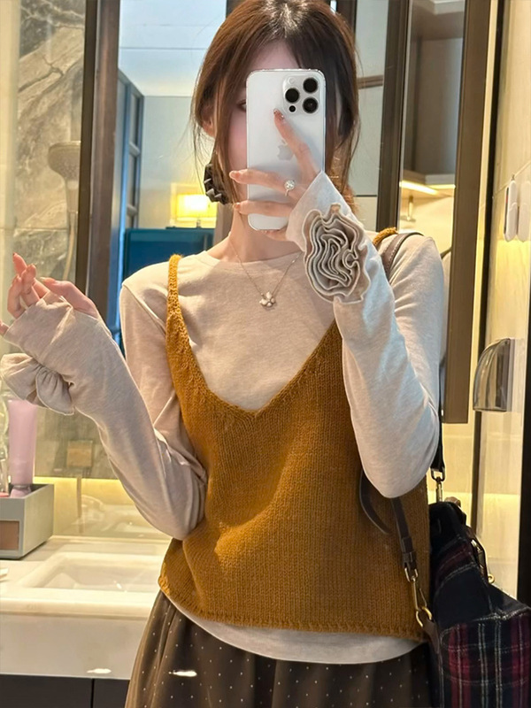初秋外搭针织v领无袖马甲背心叠穿两件套小香风长袖t恤上衣女春秋|undefined